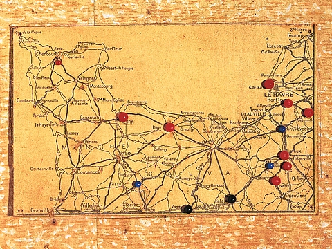 Auf einer Landkarte markieren bunte Nadeln bestimmte Orte.