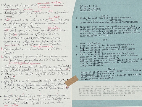 Ein per Hand beschriebenes Blatt. Rechts ist ein blauer, mit einer Schreibmaschine beschriebener Bogen aufgeklebt.