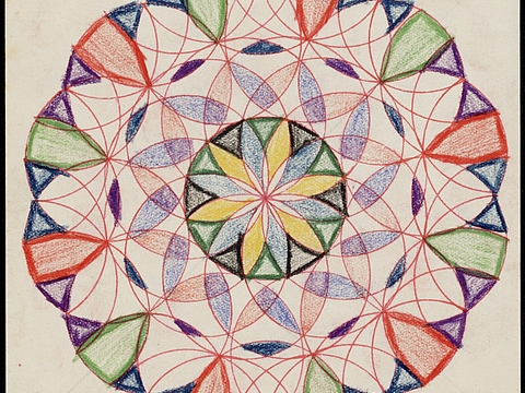 Ein bunt ausgemaltes Mandala, Daneben eine Unterschrift und ein Datum.