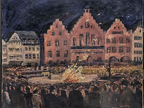 Dunkles Ölgemälde: Viele Menschen stehen um ein loderndes Feuer auf einem Platz vor einer Häuserfront.