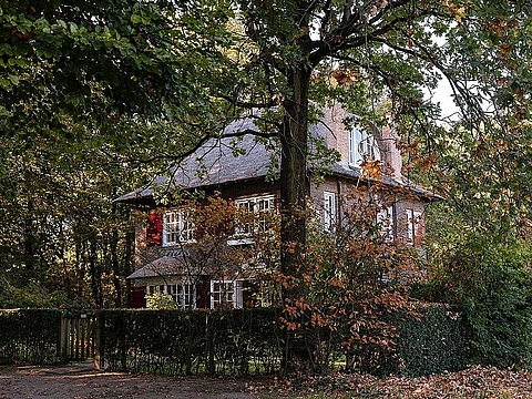Ein Backsteinhaus im Wald, das durch Bäume hindurch sichtbar ist.